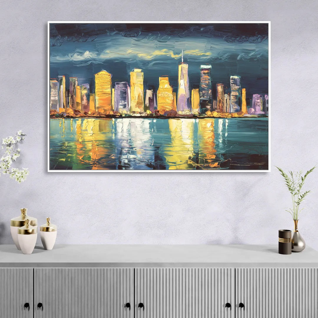 Jersey City Night Lights Living Room - White Canvas Wall Art