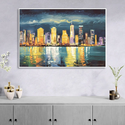 Jersey City Night Lights Living Room - White Canvas Wall Art