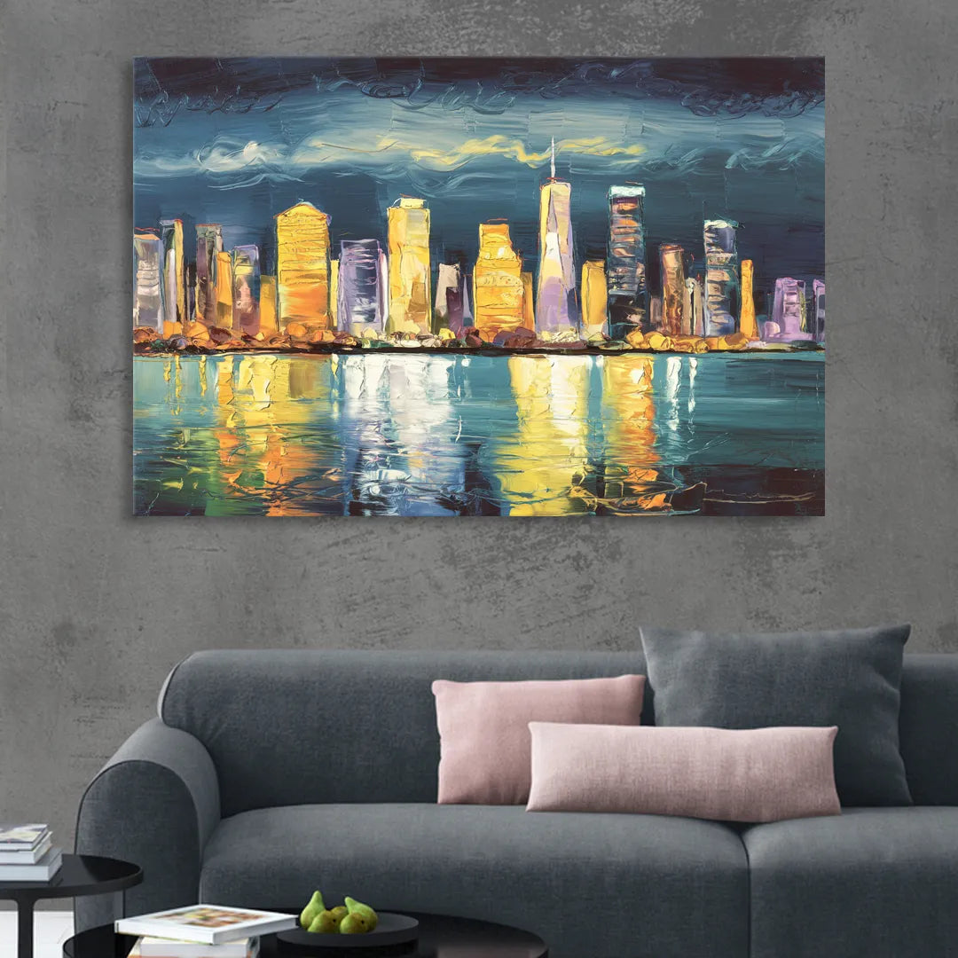 Jersey City Night Lights Sitting Room - Canvas Wall Art