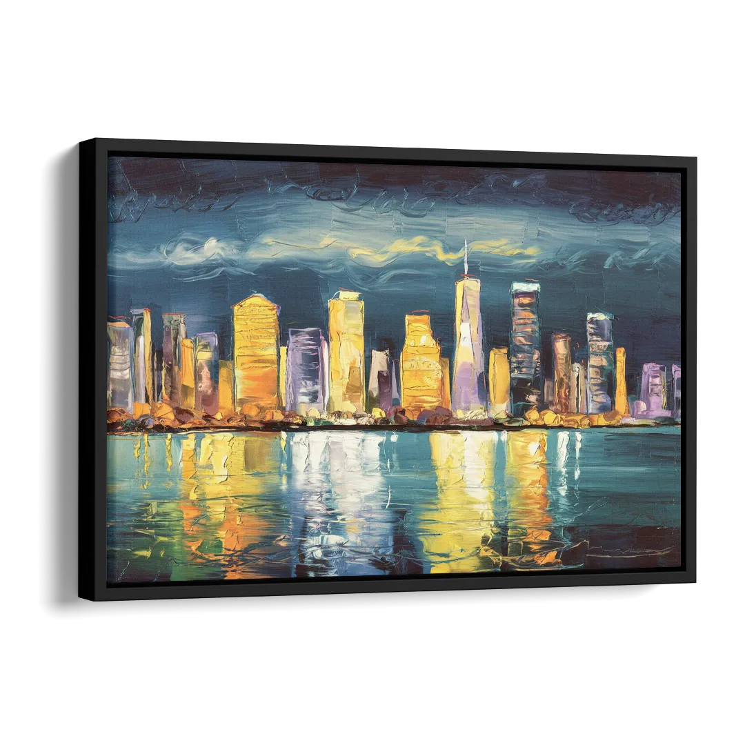 Jersey City Night Lights Side - Black Canvas Wall Art
