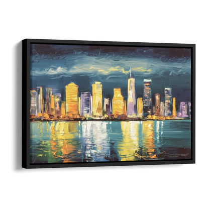 Jersey City Night Lights Side - Black Canvas Wall Art