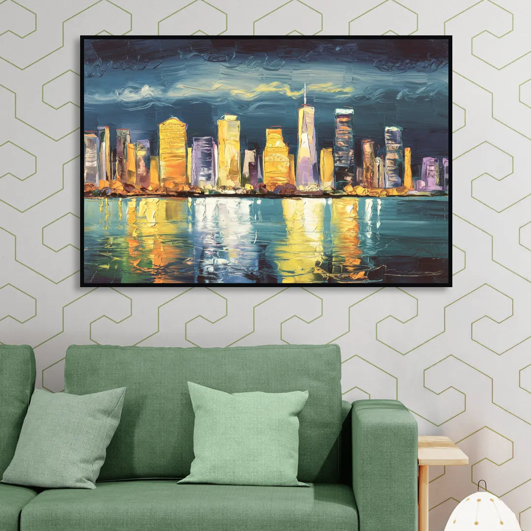 Jersey City Night Lights Sitting Room - Black Canvas Wall Art