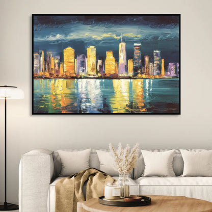 Jersey City Night Lights Living Room - Black Canvas Wall Art