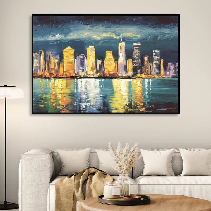 Jersey City Night Lights Living Room - Black Canvas Wall Art