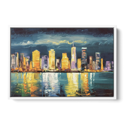 Jersey City Night Lights Front - White Canvas Wall Art