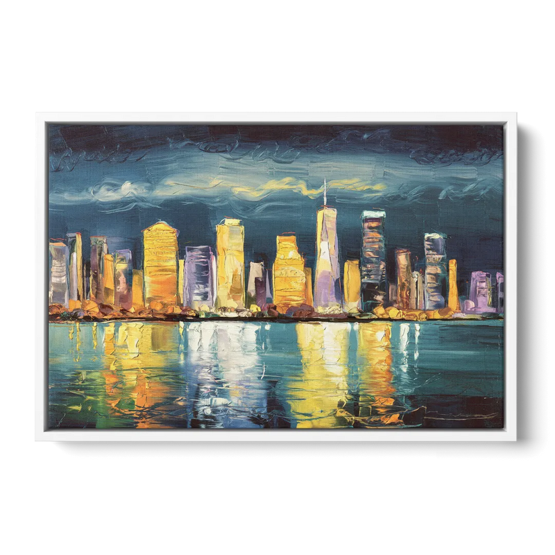 Jersey City Night Lights Front - White Canvas Wall Art