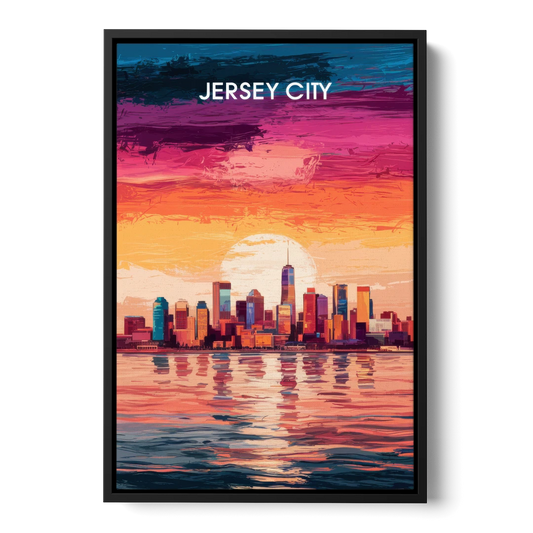 Jersey City Skyline Sunset - Black Framed Canvas Wall Art - Front