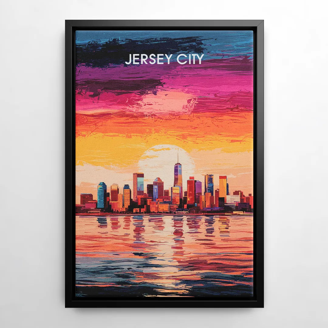 Jersey City Skyline Sunset - Black Frame Canvas