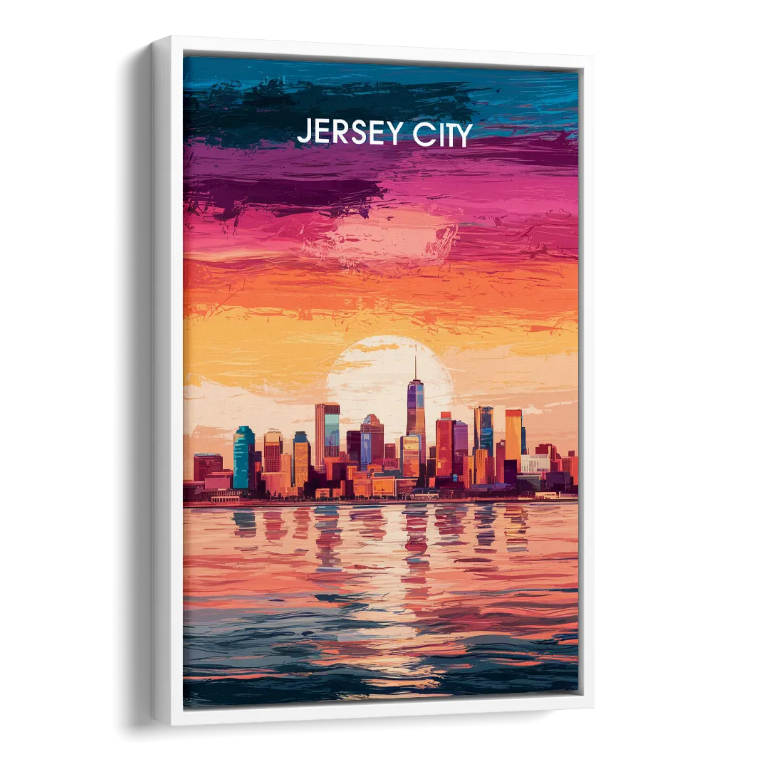 Jersey City Skyline Sunset Side - White Canvas Wall Art