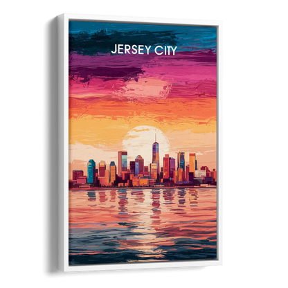 Jersey City Skyline Sunset Side - White Canvas Wall Art