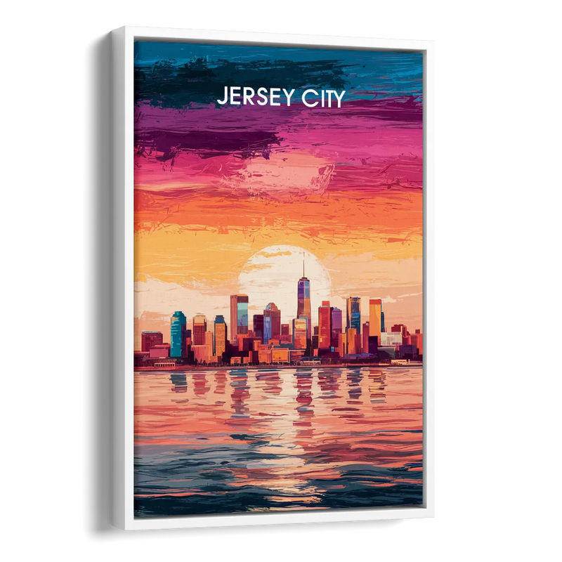 Jersey City Skyline Sunset Side - White Canvas Wall Art