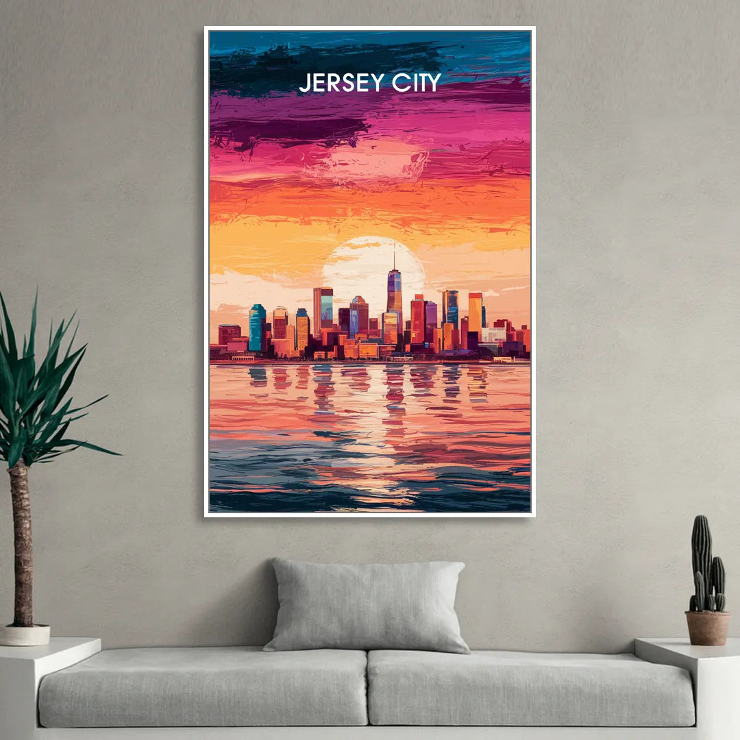 Jersey City Skyline Sunset Sitting Room - White Canvas Wall Art