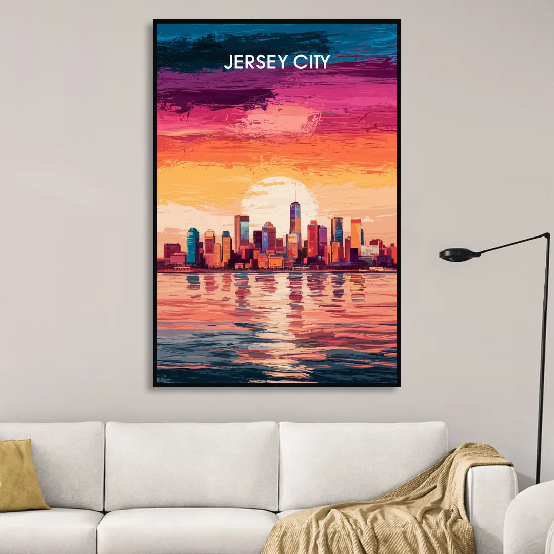 Jersey City Skyline Sunset Sitting Room - Black Canvas Wall Art