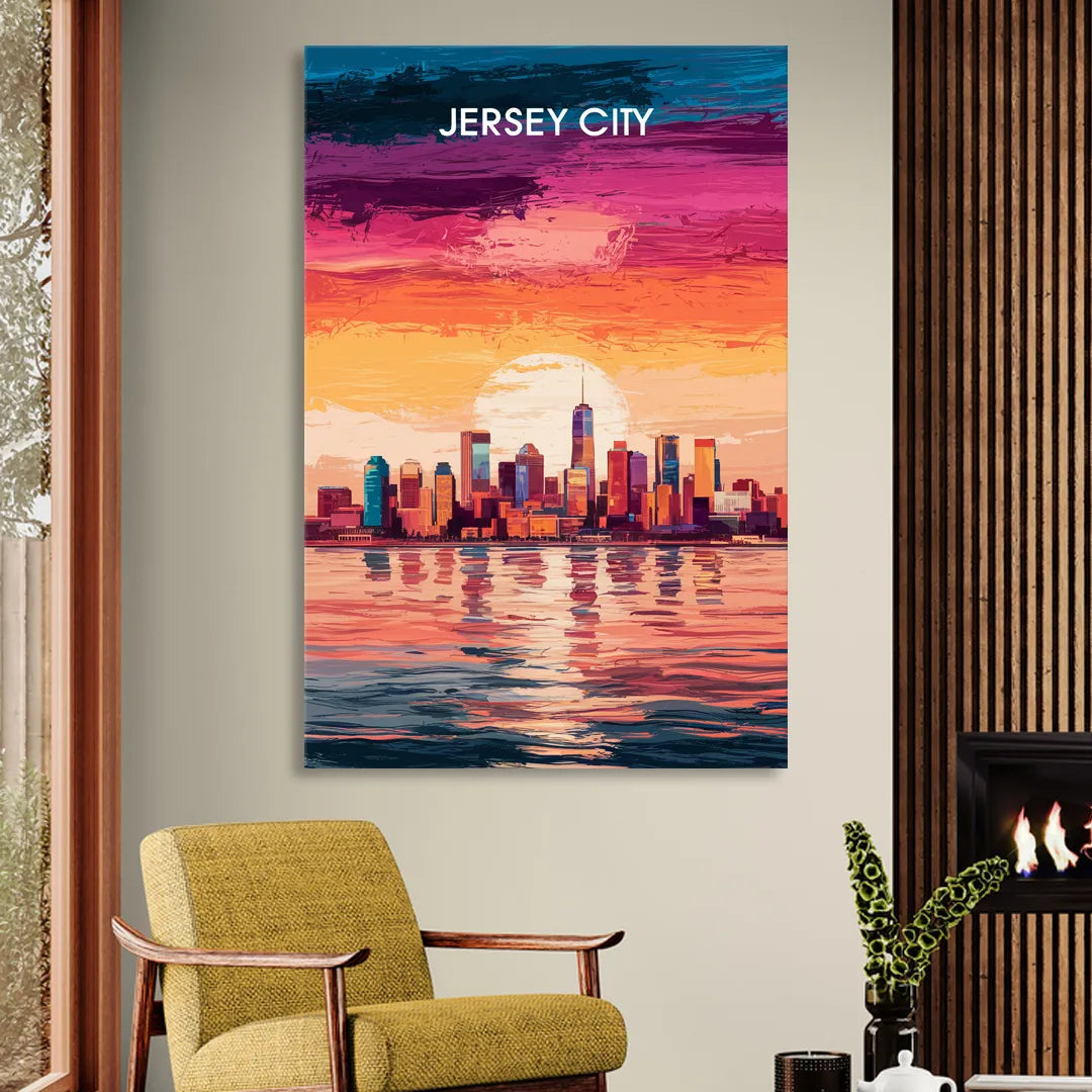 Jersey City Skyline Sunset Living Room - Canvas Wall Art