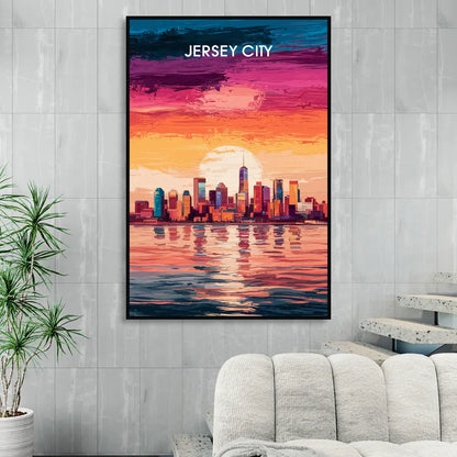 Jersey City Skyline Sunset Living Room - Black Canvas Wall Art