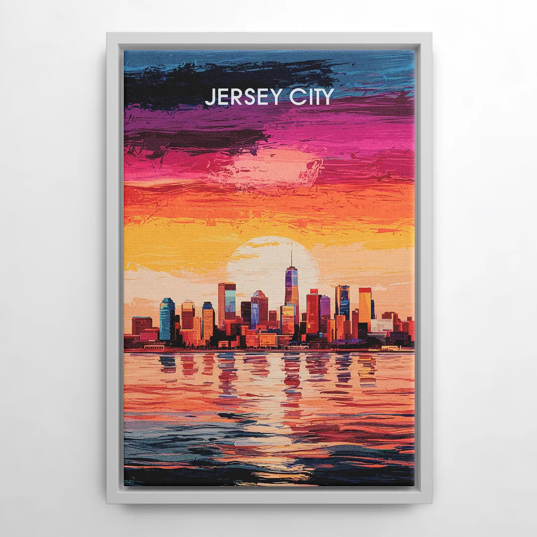 Jersey City Skyline Sunset - White Frame Canvas