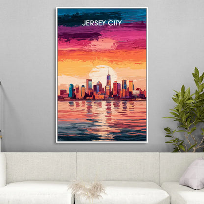 Jersey City Skyline Sunset Living Room - White Canvas Wall Art