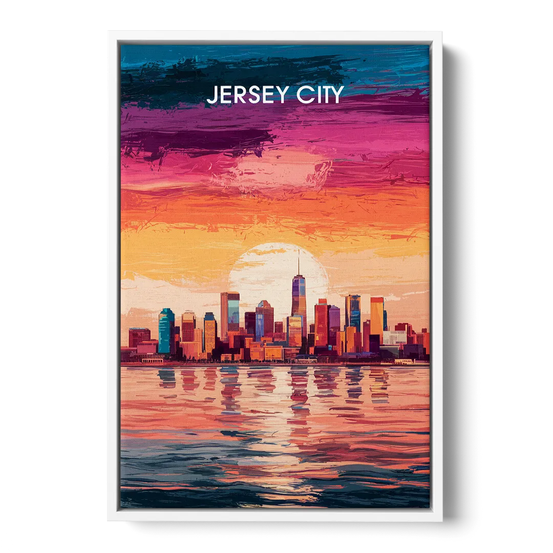 Jersey City Skyline Sunset Front - White Canvas Wall Art