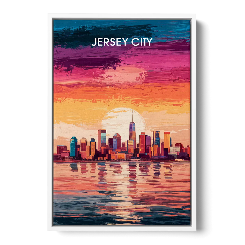 Jersey City Skyline Sunset Front - White Canvas Wall Art