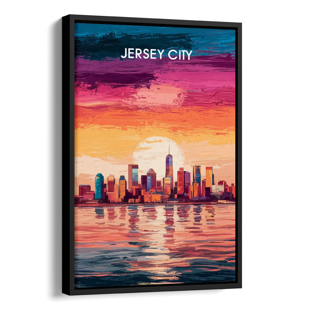 Jersey City Skyline Sunset Side - Black Canvas Wall Art