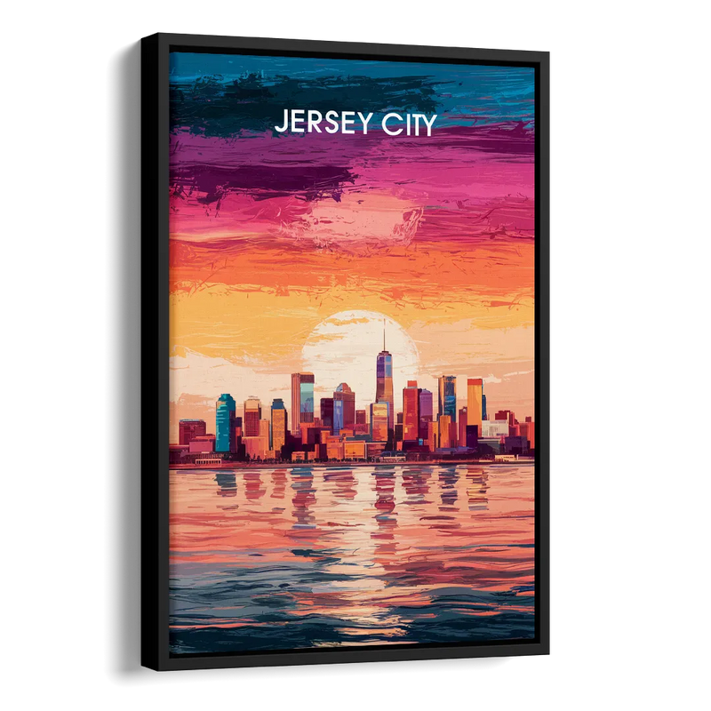 Jersey City Skyline Sunset Side - Black Canvas Wall Art