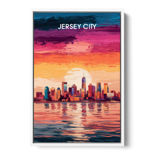 Jersey City Skyline Sunset - White Framed Canvas Wall Art - Front