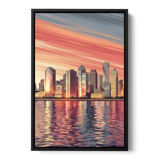 Jersey City Skyline and Hudson River - Black Framed Canvas Wall Art - Front