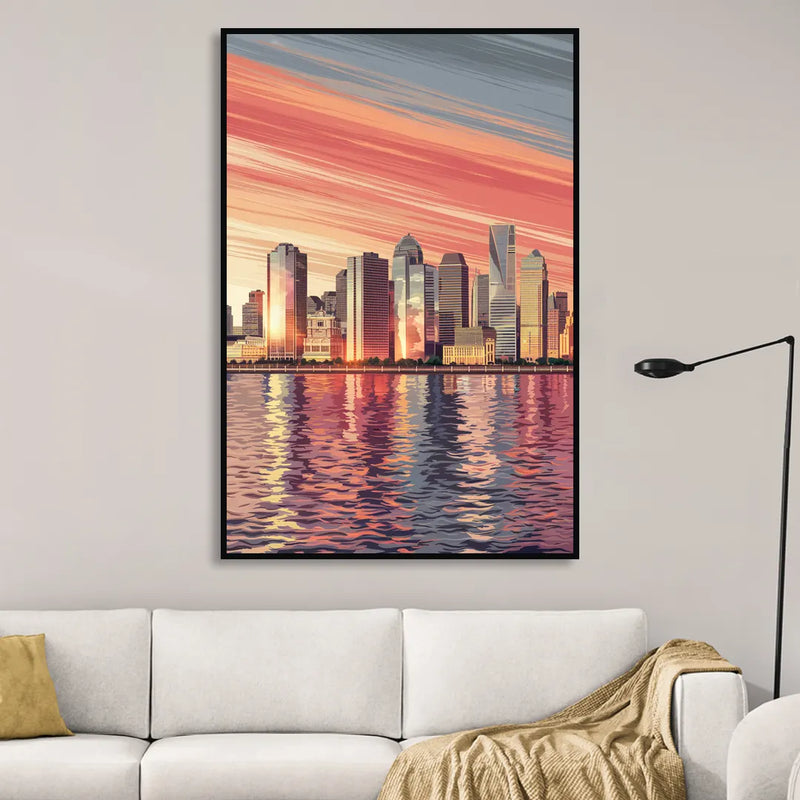 Jersey City Skyline and Hudson River Living Room - Black Canvas Wall Art