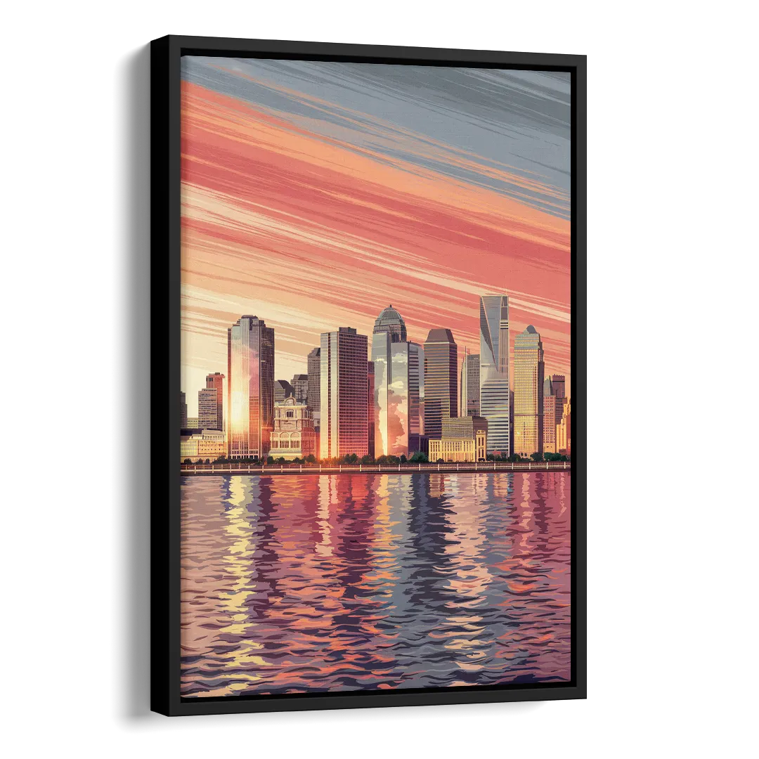 Jersey City Skyline and Hudson River Side - Black Canvas Wall Art