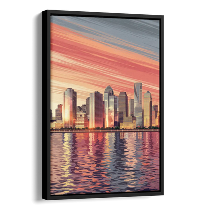 Jersey City Skyline and Hudson River Side - Black Canvas Wall Art