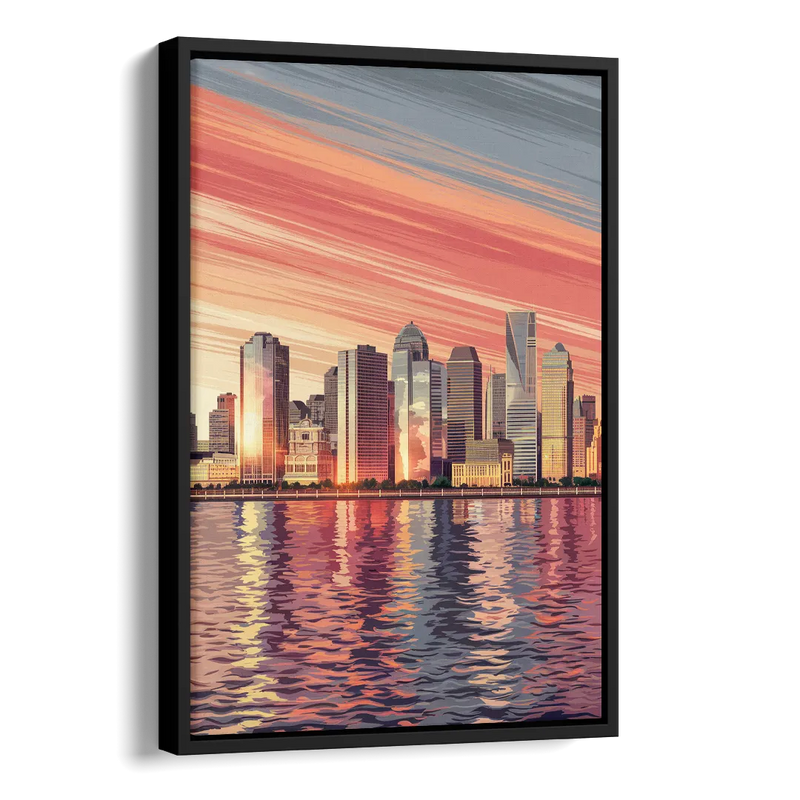 Jersey City Skyline and Hudson River Side - Black Canvas Wall Art