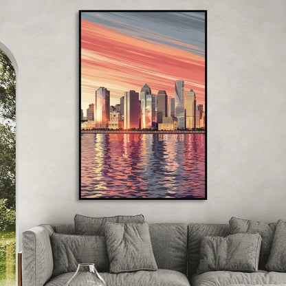 Jersey City Skyline and Hudson River Sitting Room - Black Canvas Wall Art