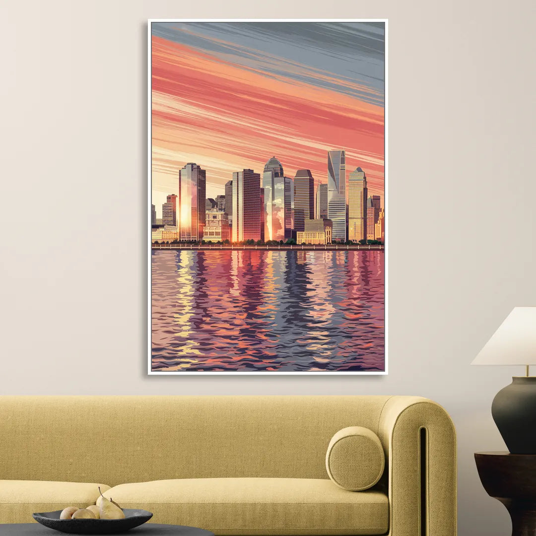Jersey City Skyline and Hudson River Sitting Room - White Canvas Wall Art