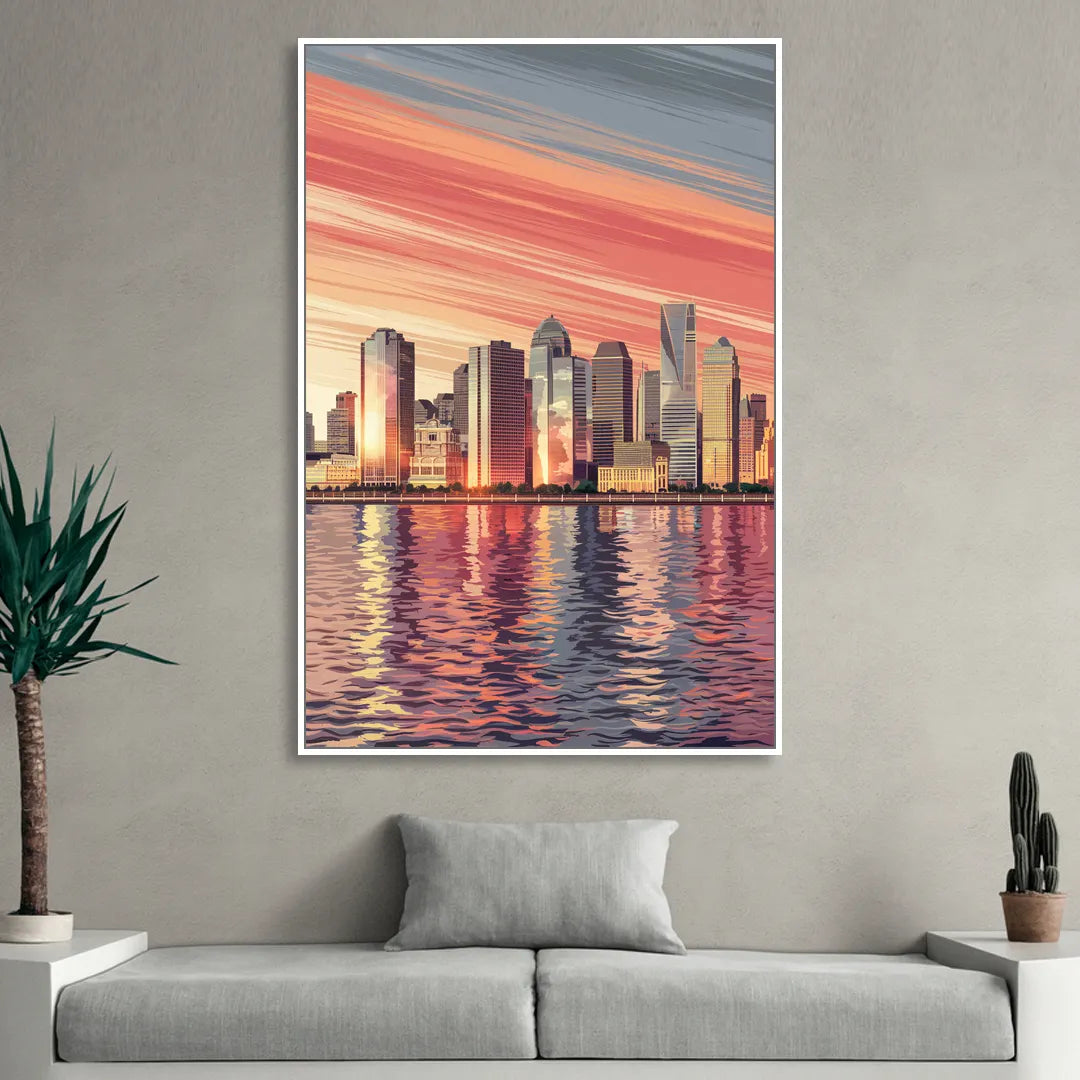 Jersey City Skyline and Hudson River Living Room - White Canvas Wall Art