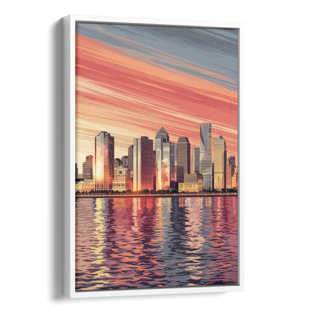 Jersey City Skyline and Hudson River Side - White Canvas Wall Art