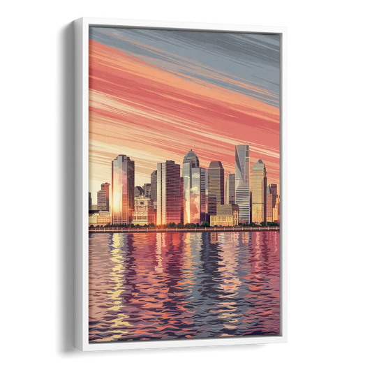 Jersey City Skyline and Hudson River Side - White Canvas Wall Art
