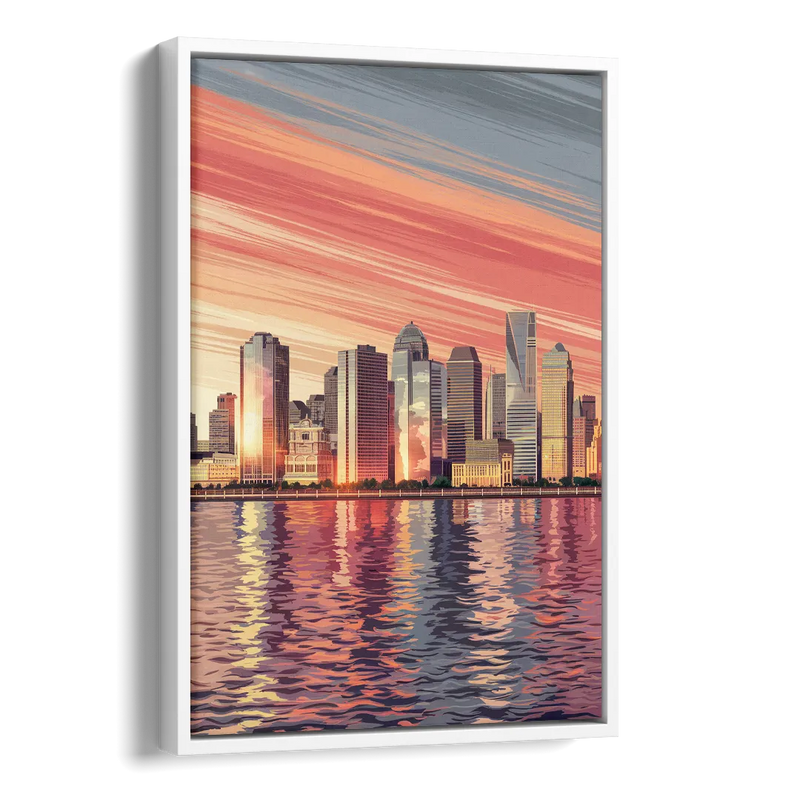 Jersey City Skyline and Hudson River Side - White Canvas Wall Art