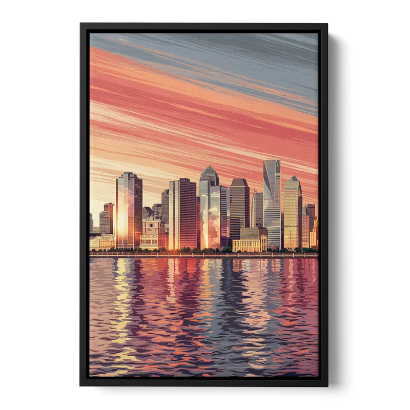 Jersey City Skyline and Hudson River Front - Black Canvas Wall Art