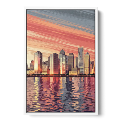Jersey City Skyline and Hudson River Front - White Canvas Wall Art