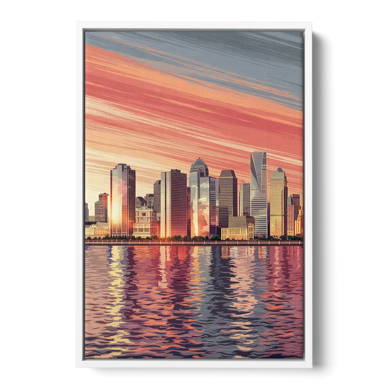 Jersey City Skyline and Hudson River Front - White Canvas Wall Art