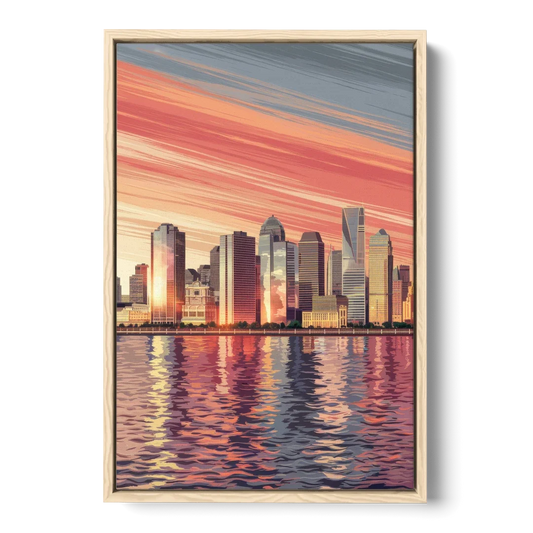Jersey City Skyline and Hudson River - Oak Framed Canvas Wall Art - Front