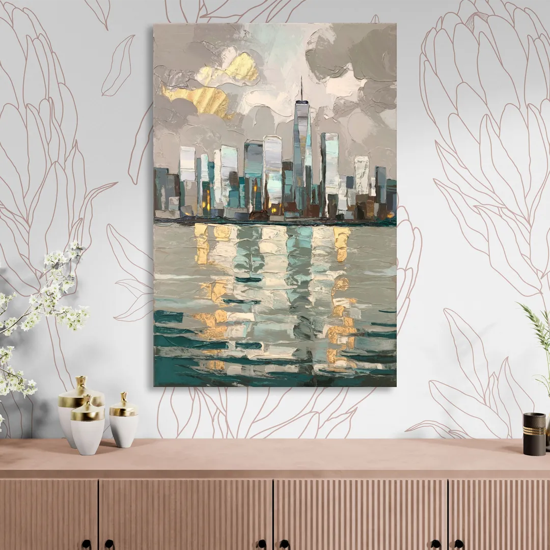Jersey City Waterfront View Sitting Room - Canvas Wall Art