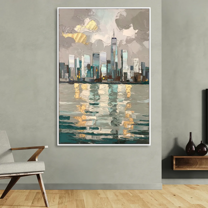 Jersey City Waterfront View Sitting Room - White Canvas Wall Art