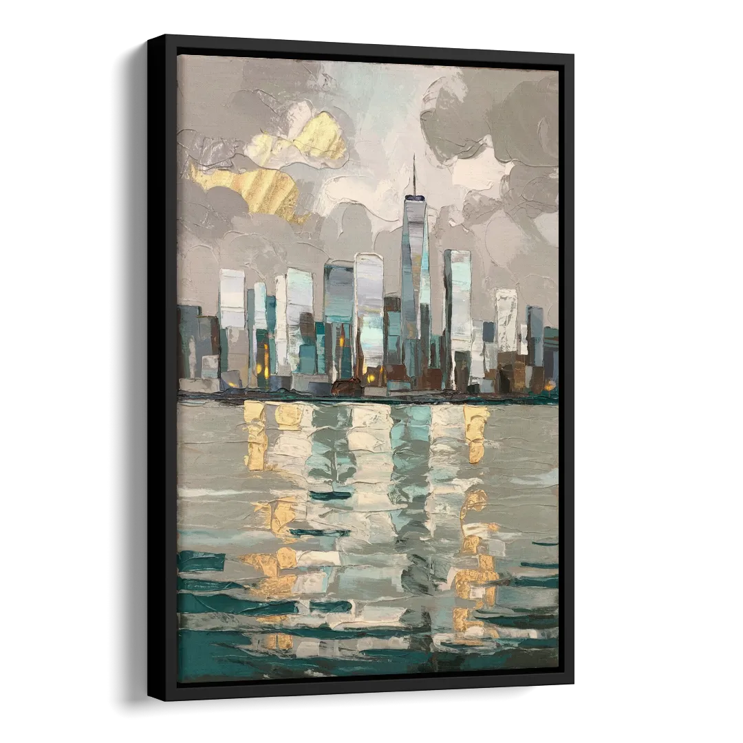 Jersey City Waterfront View Side - Black Canvas Wall Art