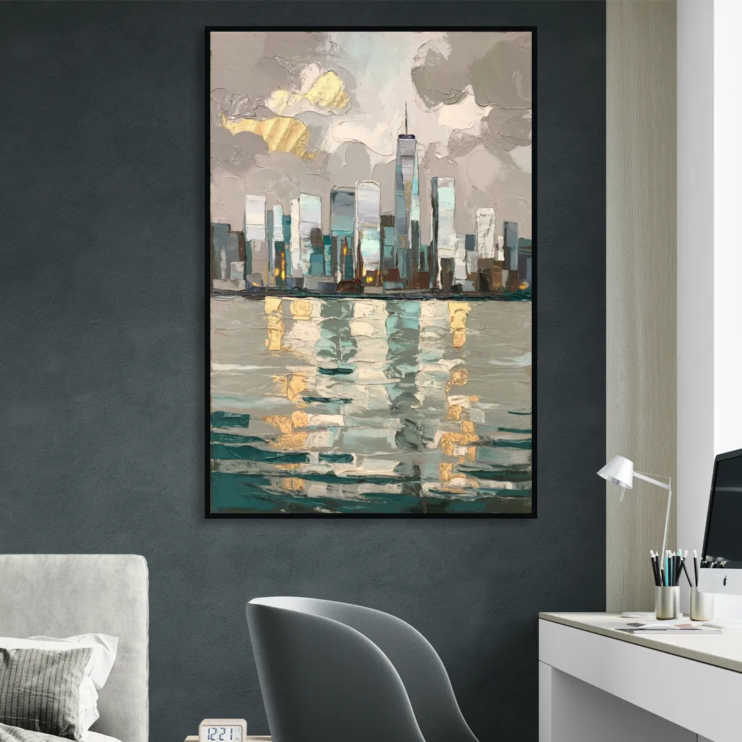 Jersey City Waterfront View Sitting Room - Black Canvas Wall Art