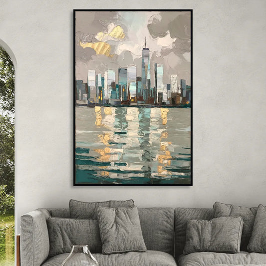 Jersey City Waterfront View Living Room - Black Canvas Wall Art