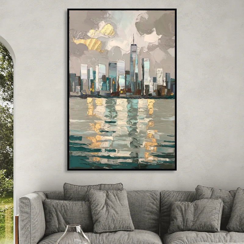 Jersey City Waterfront View Living Room - Black Canvas Wall Art