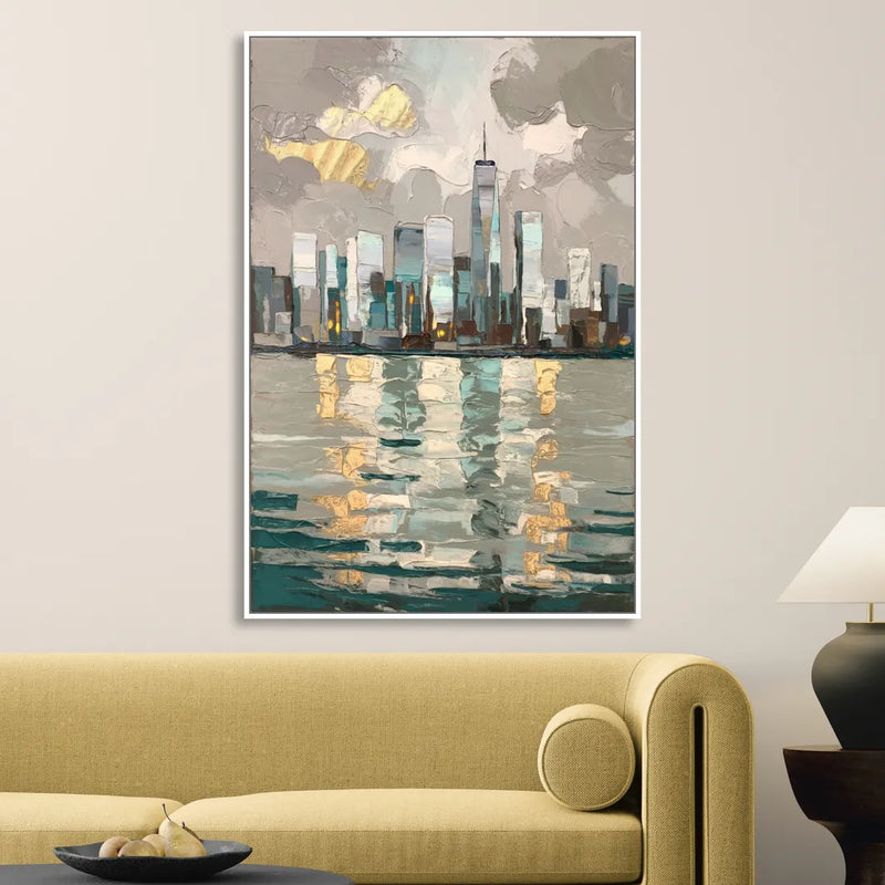 Jersey City Waterfront View Living Room - White Canvas Wall Art