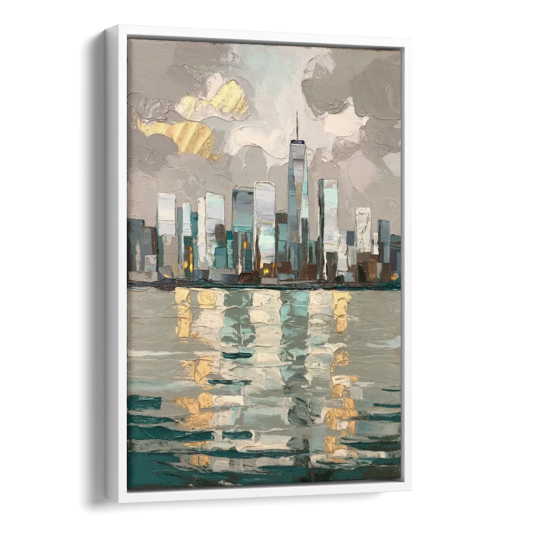 Jersey City Waterfront View Side - White Canvas Wall Art