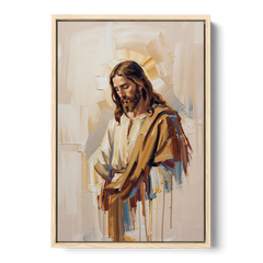 Jesus Portrait Modern Christian - Oak Framed Canvas Wall Art - Front